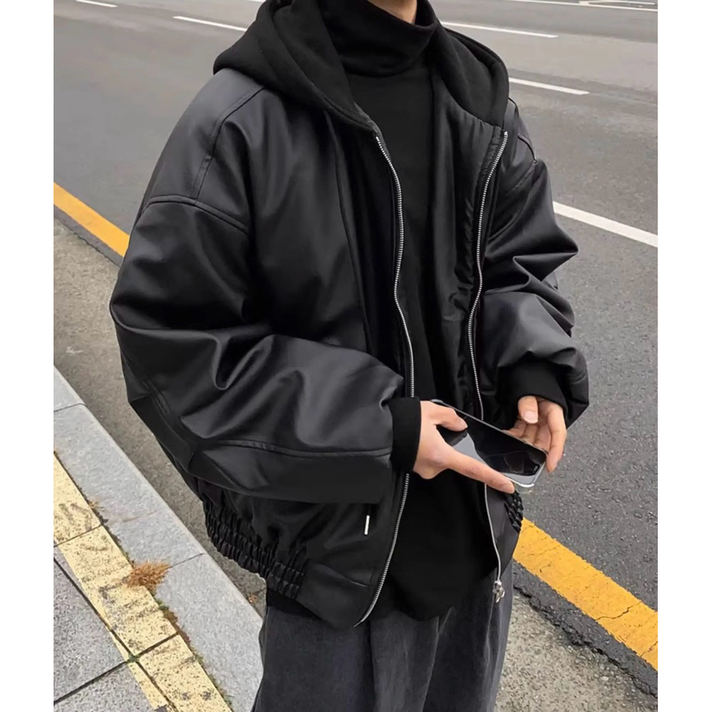 Áo bomber da Gin Hooded Leather Bomber Jacket khoá kéo có mũ form pilot phi công streetwear