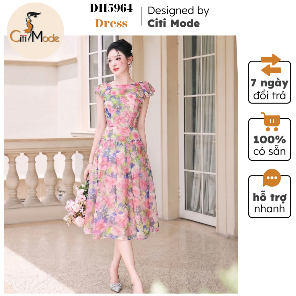 Đầm công sở CITI MODE FASHION thiết kế Đâm xòe hoa hồng cổ thuyền bèo vai DH5964