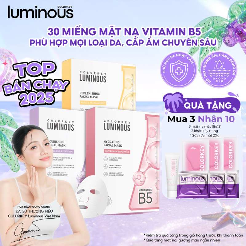 Mặt Nạ Giấy COLORKEY LUMINOUS | COMBO 3 HỘP| Tinh Chất Vitamin B5 Cấp Ẩm Cho Da Mịn Màng 25ml x 30 m