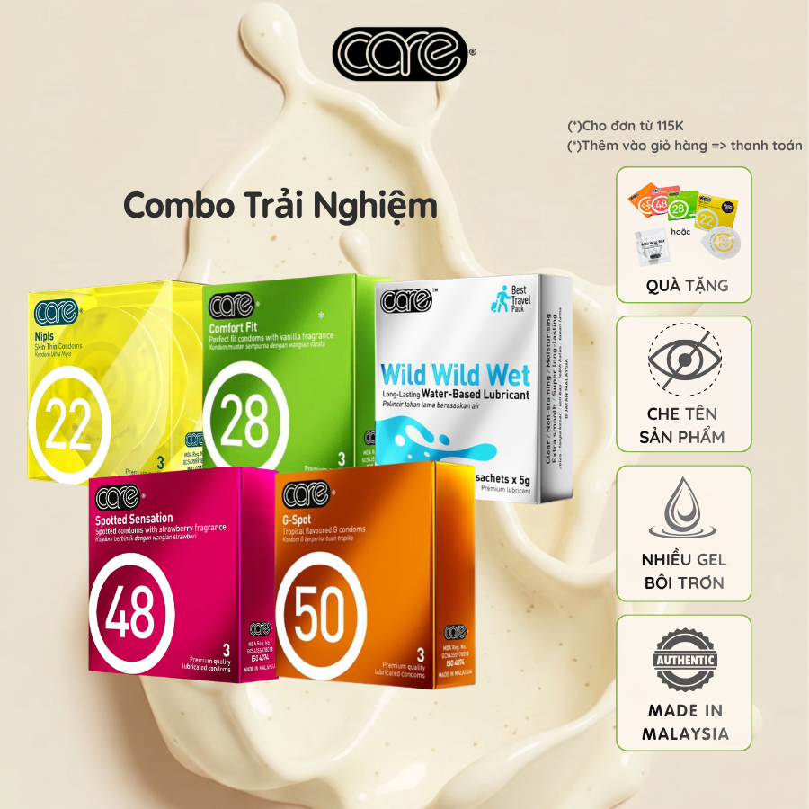 Combo 4 hộp 3 chiếc bao cao su CARE 22 28 48 50 siêu mỏng siêu gai kéo dài thời gian nhiều gel