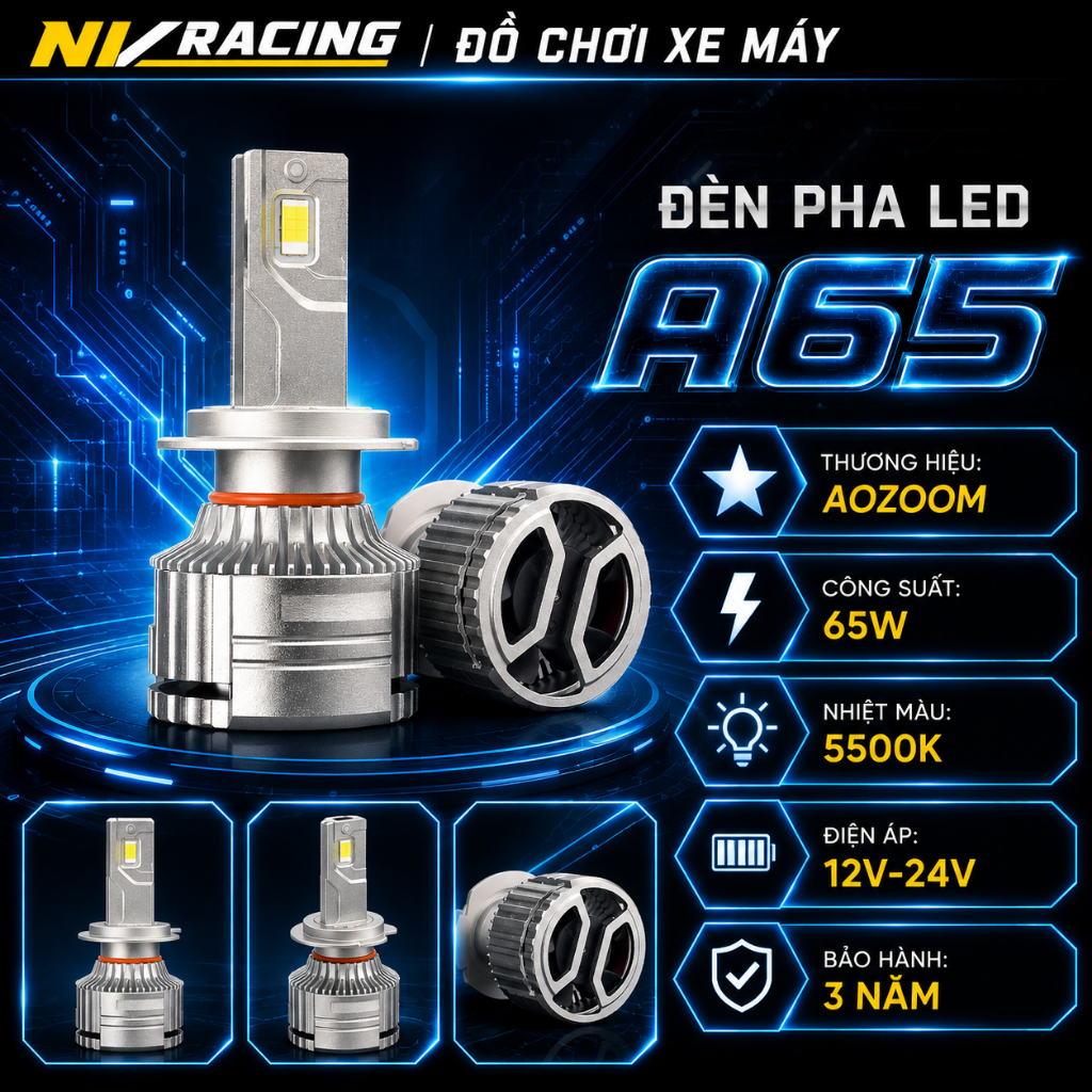 Aozoom A65, Đèn Pha Bi LED Aozoom A65 65W Đỉnh Cao Bi Led Ánh Sáng Siêu Khủng Xe Máy Ô Tô - BH 3 Năm
