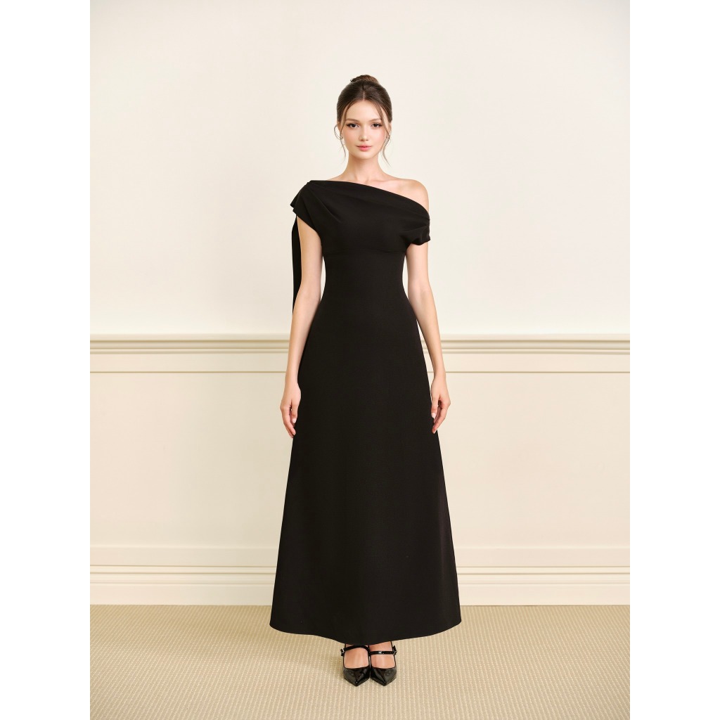 THOSE STUDIOS Đầm lệch vai dáng dài chữ A màu đen sang trọng trang nhã Avena Dress