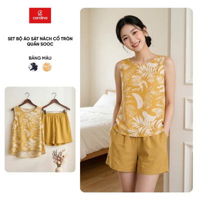 Bộ đồ nữ CARDINA chất liệu lanh áo sát nách cổ tròn và quần sooc 6SQN03
