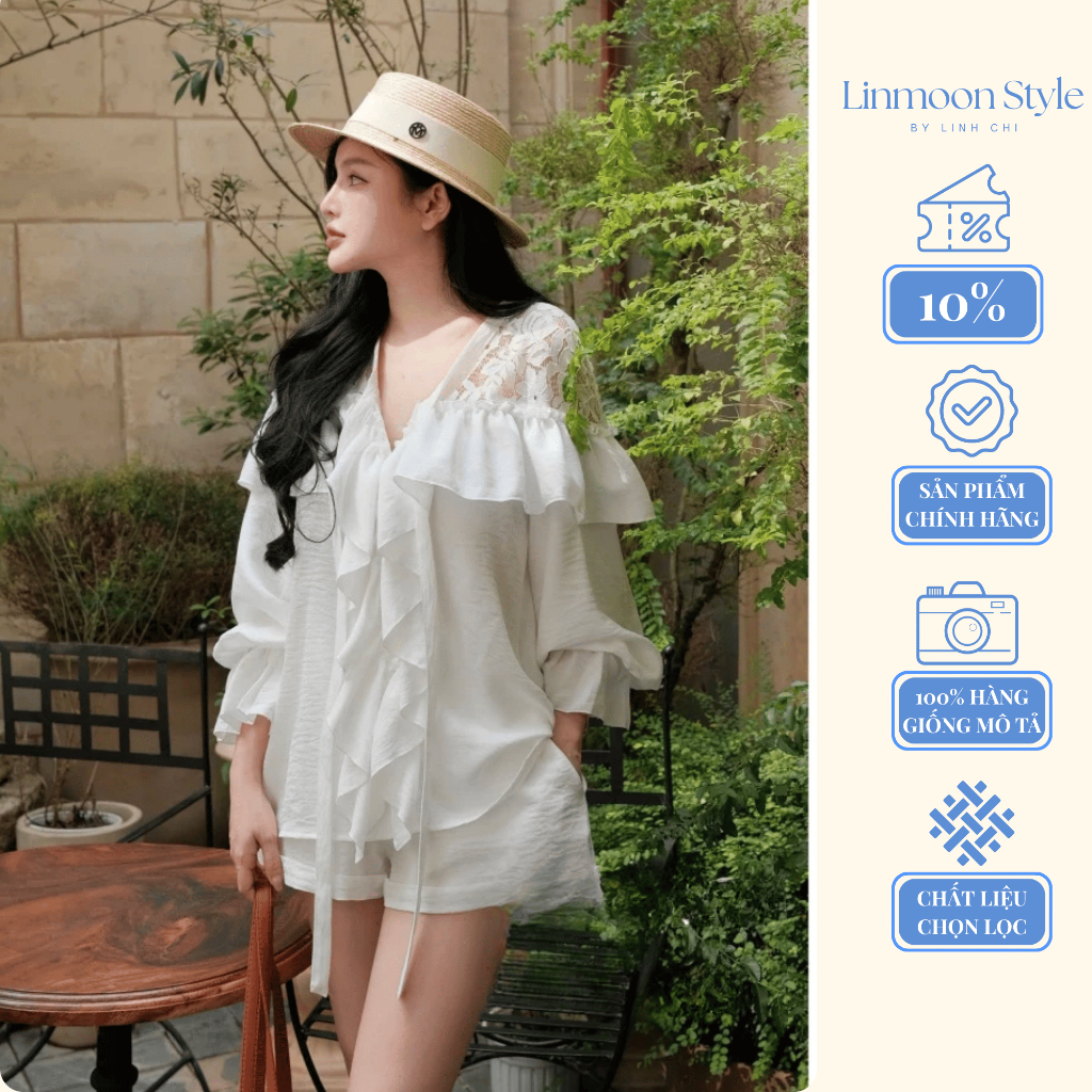 Set đồ nữ cổ V phối ren tiểu thư trắng bèo nhún tay dài – Áo babydoll form rộng mix quần short, outfit đi biển mùa hè
