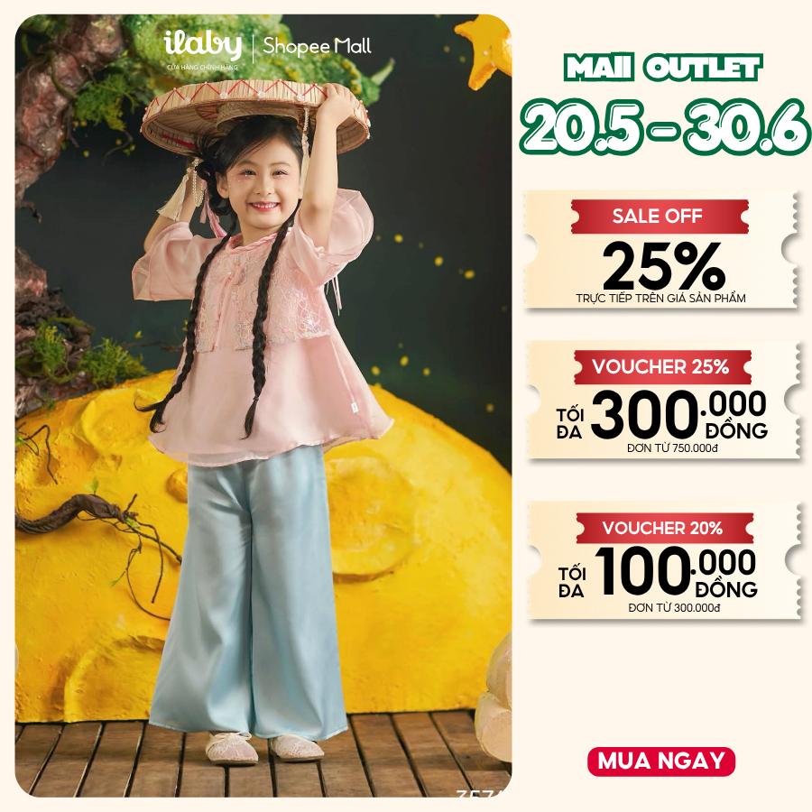 Bộ đồ trung thu bé gái ILABY set pháp phục bé gái áo hồng thêu hoa phối quần xanh sang trọng [3574]