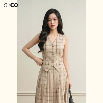 Áo gile kẻ caro nâu nhạt cổ V SIXDO (Light Brown Woven Waistcoat)