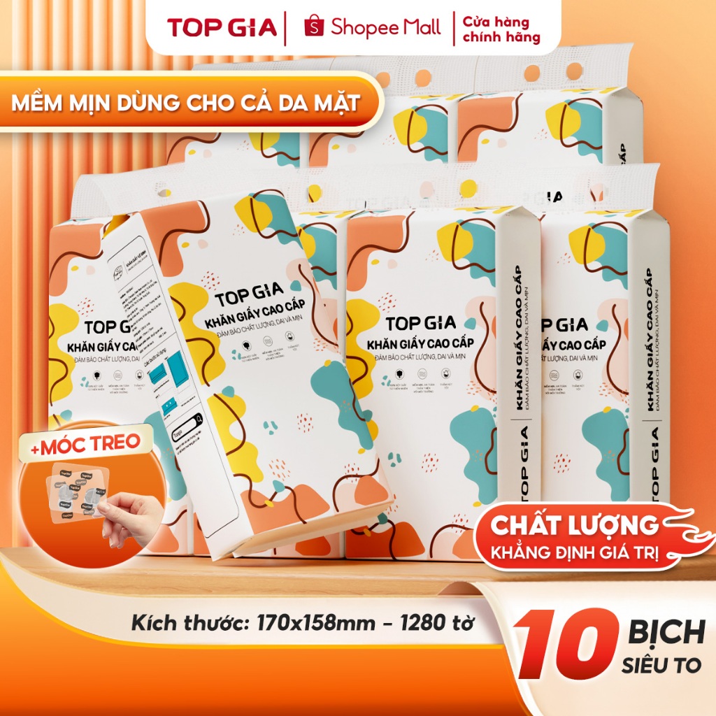 [LOẠI TO ĐẶC BIỆT] Thùng 10 bịch khăn giấy rút Top Gia treo tường đa sắc 1280 tờ, siêu dai và mềm mịn