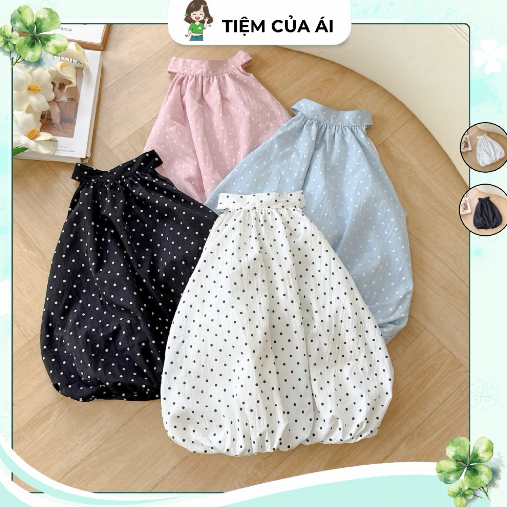 Áo Cổ Yếm Chấm Bi Sát Nách Dáng Bí Phồng Dễ Thương, Áo Kiểu Nữ