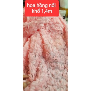 vải ren lưới hoa hồng nổi