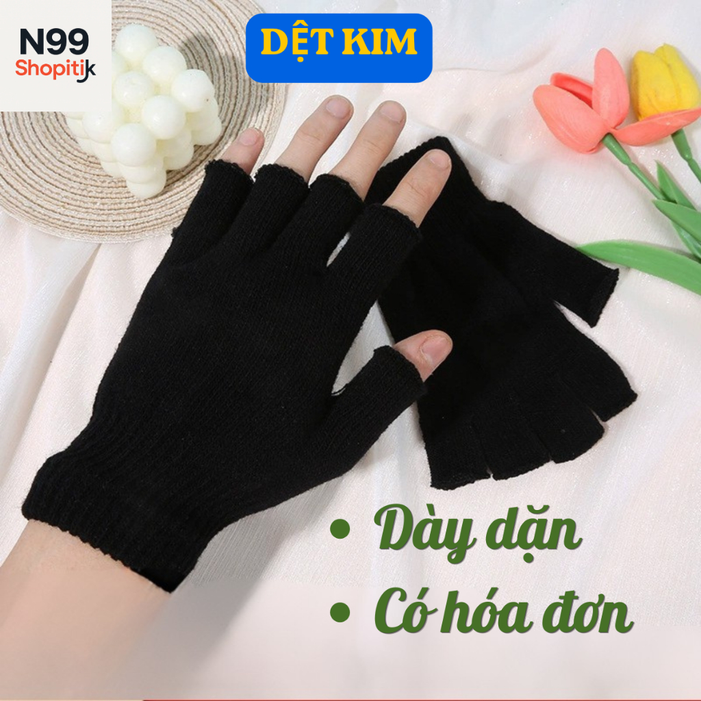 Găng tay hở ngón dệt kim màu đen