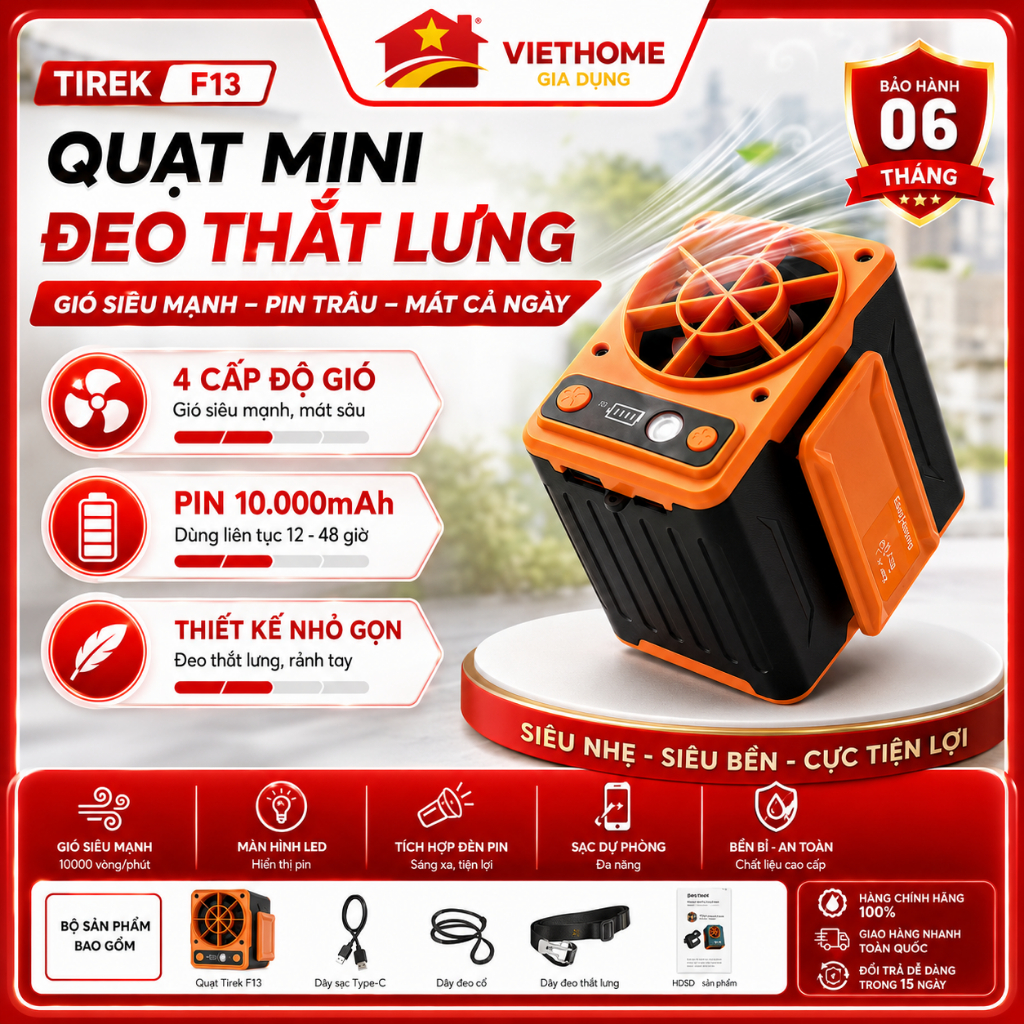 [ BẢN NEW 2026 ] Quạt Mini Đeo Thắt Lưng Tirek F13 Pin 10000mAh, Gió Siêu Mạnh 4 Cấp, Dùng 12–48H – 