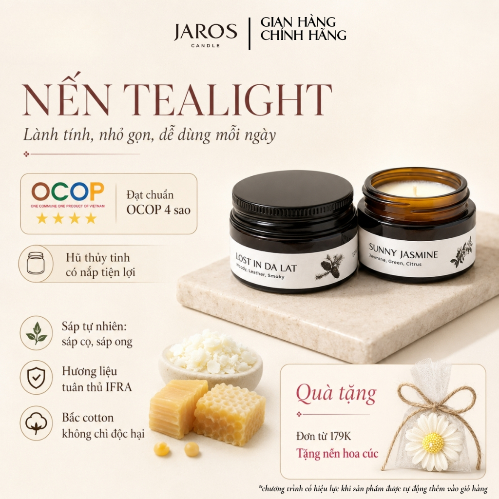 Nến Thơm Lành Tính JAROS CANDLE TEALIGHT Từ Sáp Tự Nhiên OCOP 4 Sao Hương Thư Giãn