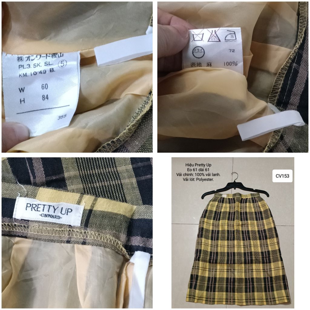 CV153#Chân Váy Lanh Kẻ Ô PRETTY UP ONWARD Nhật Bản - Chân Váy Vintage