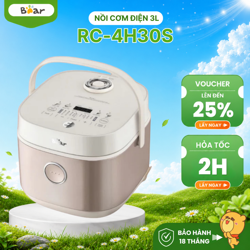 Nồi Cơm Điện 3L Bear RC-4H30S (DFB-H30A3), 600W, Lòng Nồi Gang 1L Đa Năng Nấu Cháo/Hầm, BH 18 Tháng