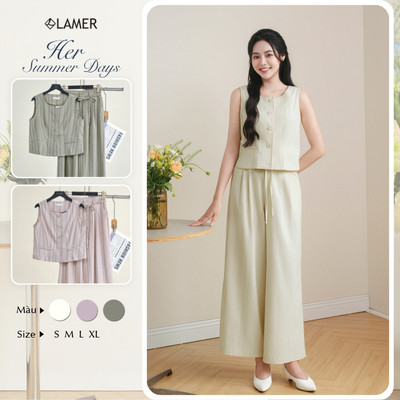 Áo Kiểu Nữ LAMER FASHION Sát Nách Cổ Tròn Đóng Cúc Phối Quần Ống Rộng Chun Sườn Công Sở O65G26H006 O64W26Q002