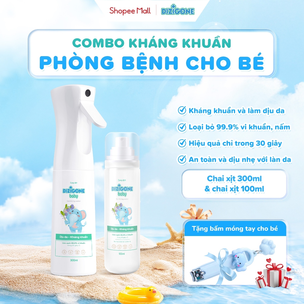 [COMBO] Xịt kháng khuẩn DIZIGONE Baby 100ml & Xịt kháng khuẩn DIZIGONE Baby 300ml: Xịt tay chân, đồ 
