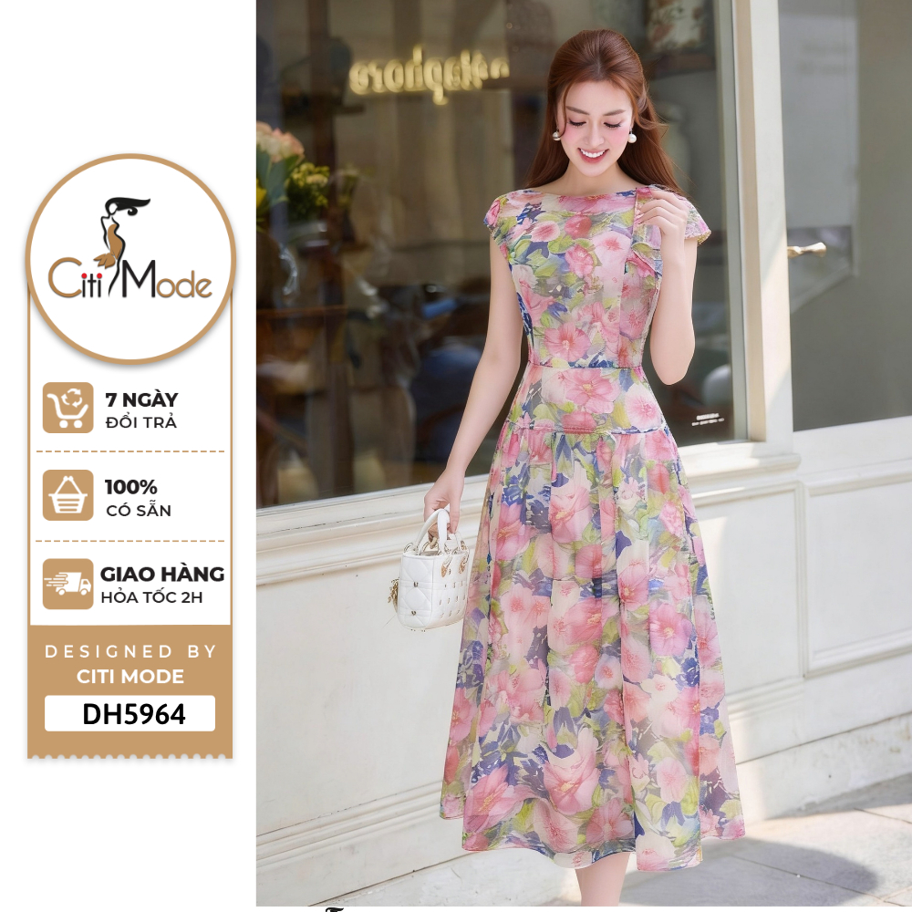 Đầm công sở CITI MODE FASHION thiết kế Đâm xòe hoa hồng cổ thuyền bèo vai DH5964