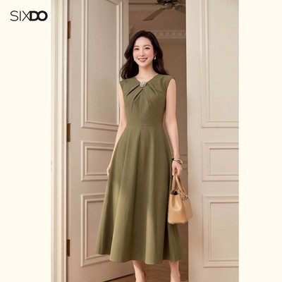 Đầm midi sát nách dáng xòe xanh rêu SIXDO (Moss Green Woven Flared Dress)