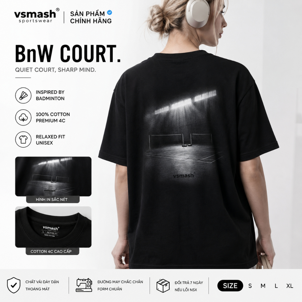 Áo Thun Cầu Lông Unisex Vsmash Sportwear "BLACK & WHITE Court" in Trame– Vải Bông Em Bé Mềm Mịn, Tho