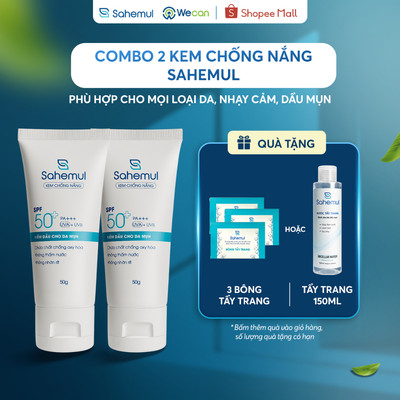 Combo 2 Kem Chống Nắng Kiềm Dầu SAHEMUL Cho Da Mụn Quang Phổ Rộng, Kháng Nước, Nâng Tone 50g