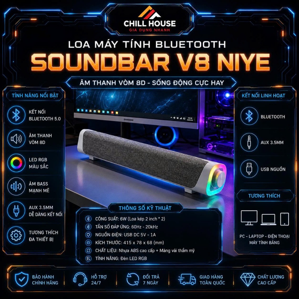 Loa Máy Tính Bluetooth NIYE V8 Soundbar RGB – Âm Thanh Vòm 8D, Bass Mạnh, Loa Gaming Cực Hay