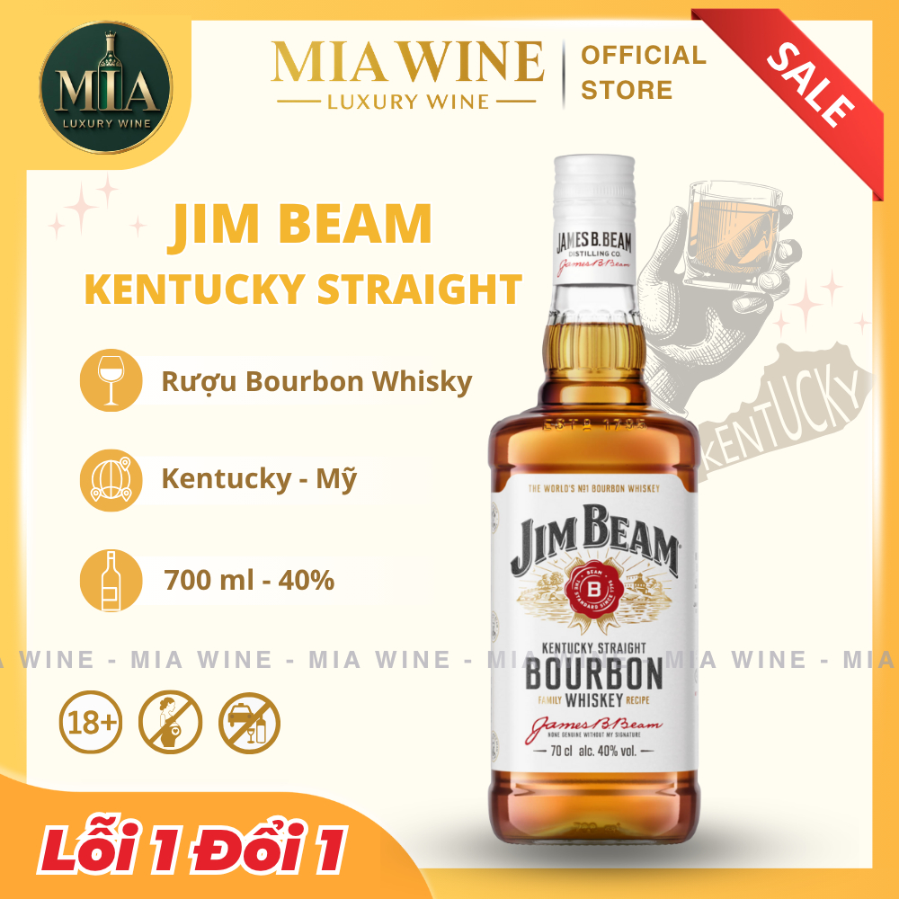 [Chính Hãng] - Rượu Bourbon Whisky Mỹ Jim Beam Kentucky Straight - 700ml (40%) Hàng Chính Ngạch Công