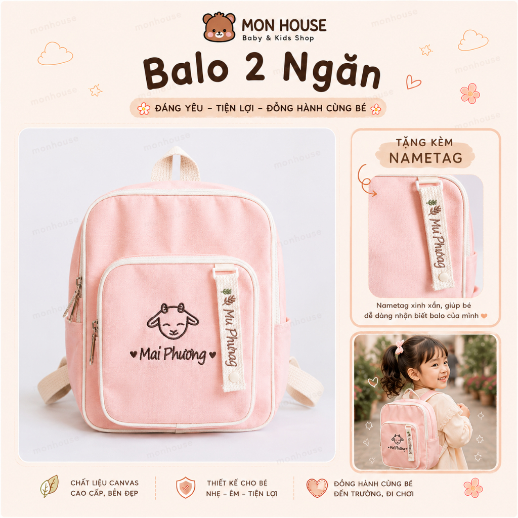 [ Tặng Kèm Name Tag ] Balo thêu tên cho bé gái màu Hồng xinh xắn cho bé đi học mẫu giáo.