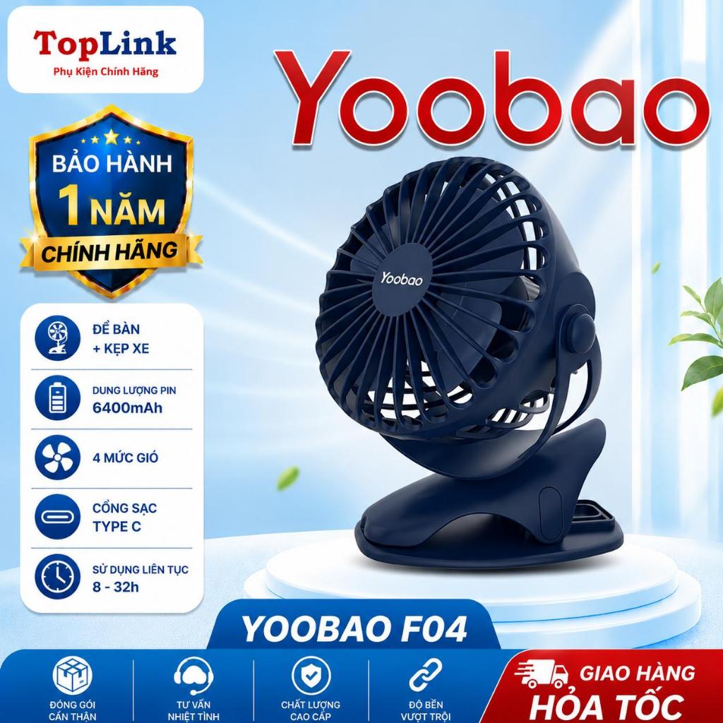 Quạt Kẹp Tích Điện Mini Yoobao F04 Pin Khủng 6400mah Chạy 1.5 Ngày Có 4 Mức Gió Siêu Bền Bảo Hành 12