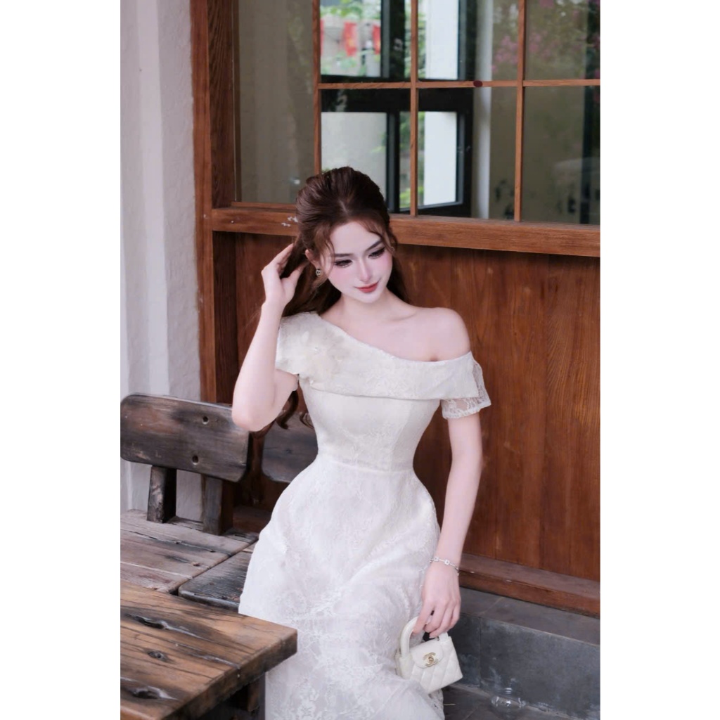 Váy ren mềm lệch vai - Váy Dự Tiệc Tiểu Thư Hồng Nude Sang Trọng - G66