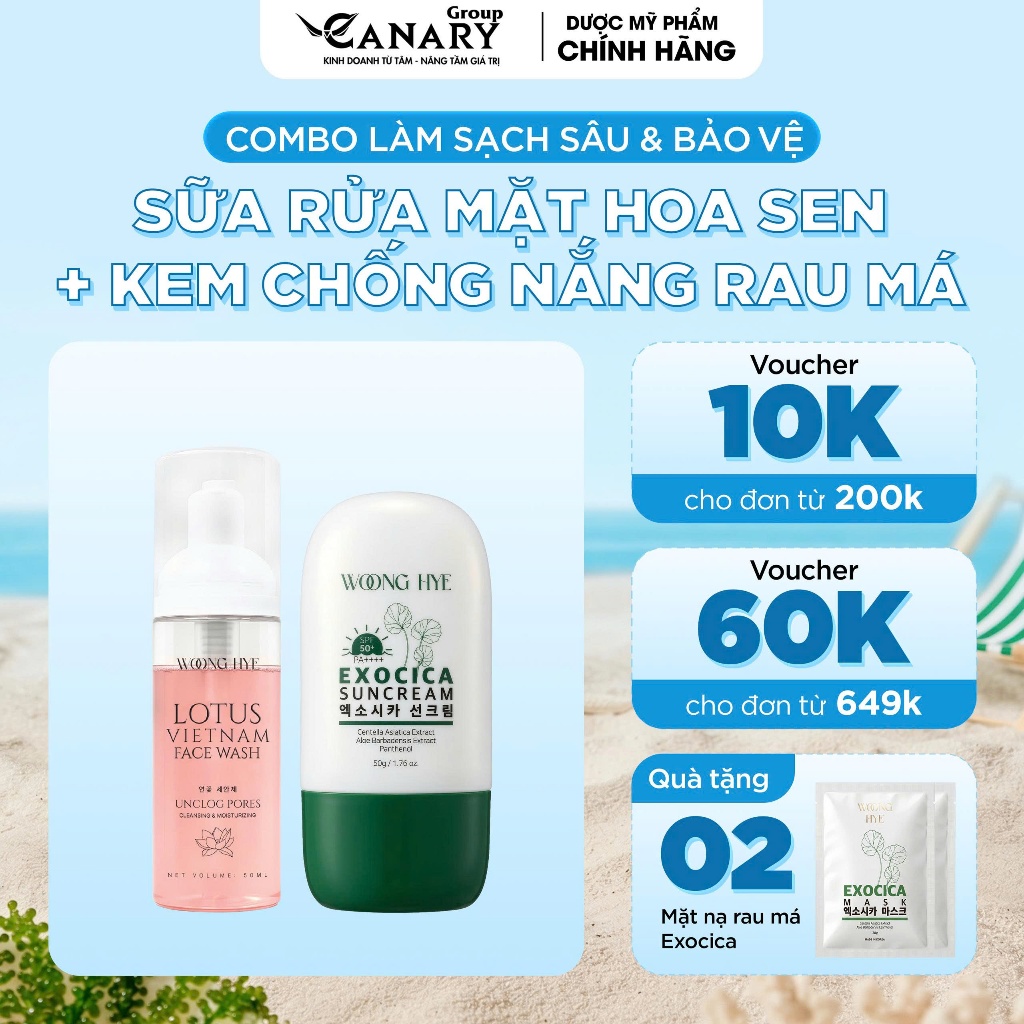 Bộ đôi sữa rửa mặt hoa sen + kem chống nắng rau má chăm sóc da Woong Hye, 55ml, 50g - Woong Hye