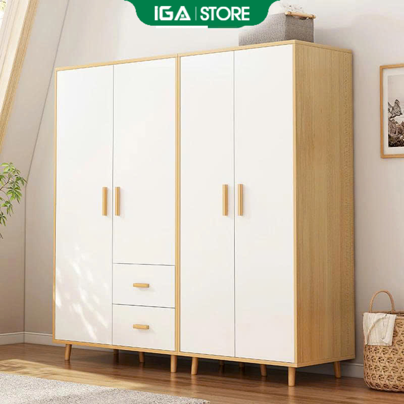 Tủ quần áo gỗ 2 cánh mở thiết kế nhiều ngăn để đồ phong cách Nordic thương hiệu IGA - GP129( tặng th