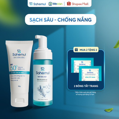 COMBO Kem Chống Nắng Kiềm Dầu Cho Da Mụn Sahemul 50Gr & Bọt Rửa Mặt Sahemul 150ml dùng được cho mọi loại da