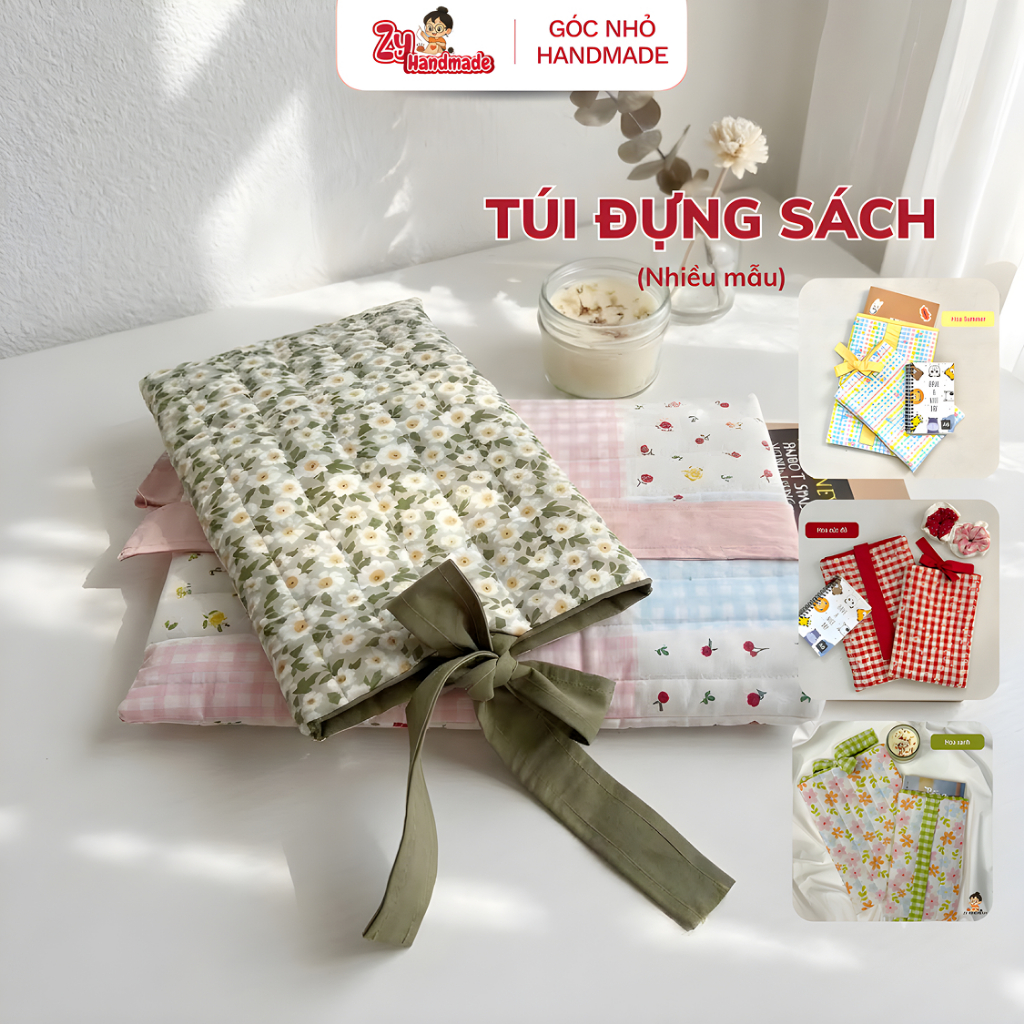 Túi Đựng Sách Handmade Vải Cotton 2 Lớp - Túi Bảo Vệ Sách (Book Sleeve) Chần Bông Chống Thấm | Zy Ha