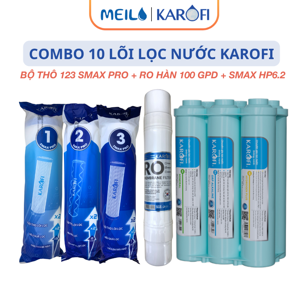 Combo 10 Lõi Lọc Nước Karofi Gồm Bộ Thô Smax Pro, Màng RO100GPD Hàn, Cụm Chức Năng HP6.2 Dùng Cho Mo