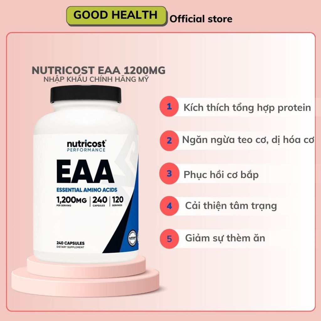 Nutricost EAA 1200mg - Essential Amino Acids - Viên uống cung cấp axit amin thiết yếu cho cơ bắp