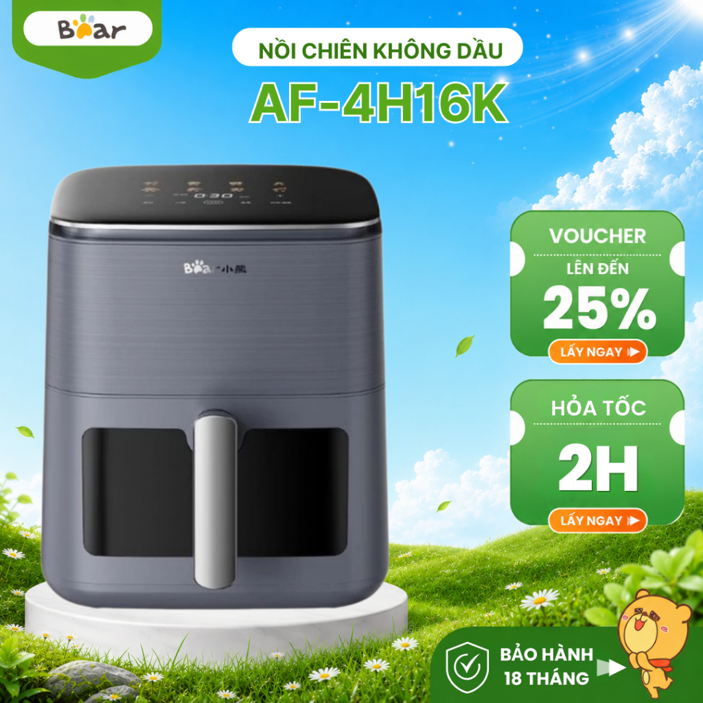 Nồi chiên không dầu 6.2L Bear AF-4H16K (QZG-H16R3), 1600W, Khay Chống dính, Hẹn giờ, BH 18 Tháng
