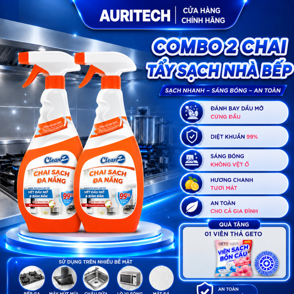 Combo 2 Chai Sạch Đa Năng CleanZ  Nhà Bếp Làm Sạch Dầu Mỡ, Vết Ố Vàng Thơm Mùi Chanh Dịu Nhẹ