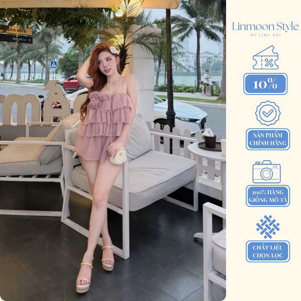 Váy Babydoll Tầng Bèo 1 Vai Đính Hoa 3D Màu Kem - Đầm Ngắn Tiểu Thư Sang Chảnh Đi Biển, Du Lịch, Chụp Ảnh