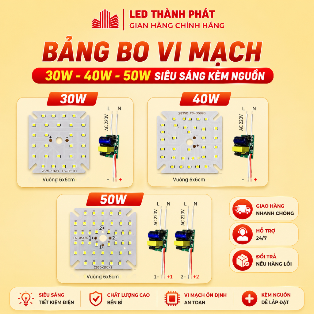 Bảng bo vỉ mạch Led 30w 40w 50w siêu sáng mắt chip Led 2835 kèm nguồn driver AC220V Posson MLC-30-50