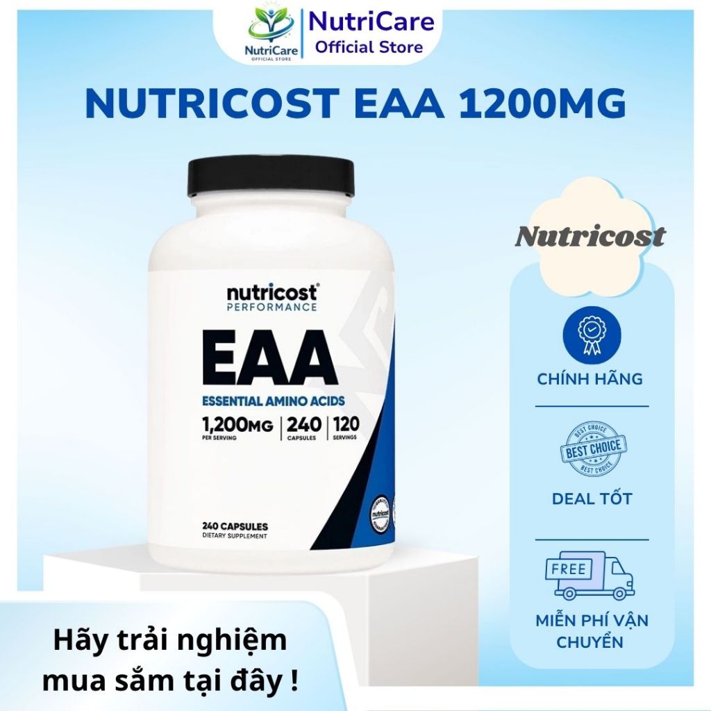Nutricost EAA 1200mg - Essential Amino Acids + Viên uống giúp chống teo cơ, giảm đau nhức sau tập