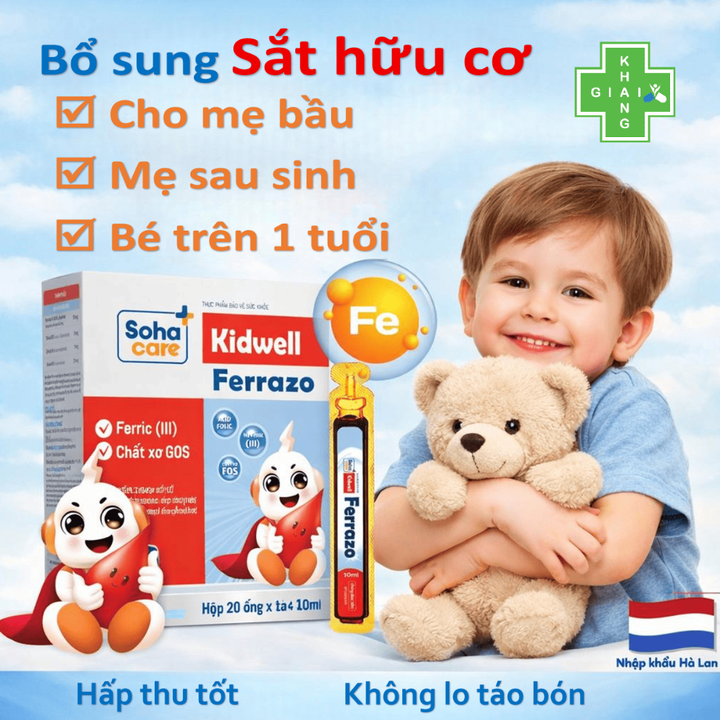 Dung dịch sắt hữu cơ giúp phát triển thần kinh, giảm ốm vặt cho mẹ và bé trên 1 tuổi Ferrazo (Hộp 20