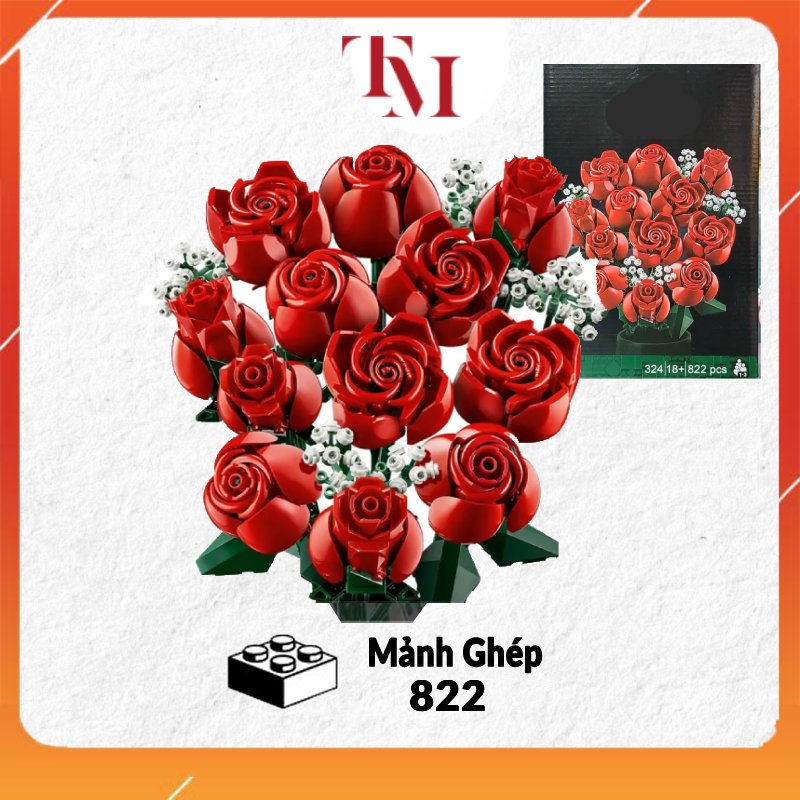 Mô Hình lắp Ráp Bó hoa hồng 324 Bouquet of Roses 822 chi tiết Quà Tặng Trang Trí Cực Đẹp