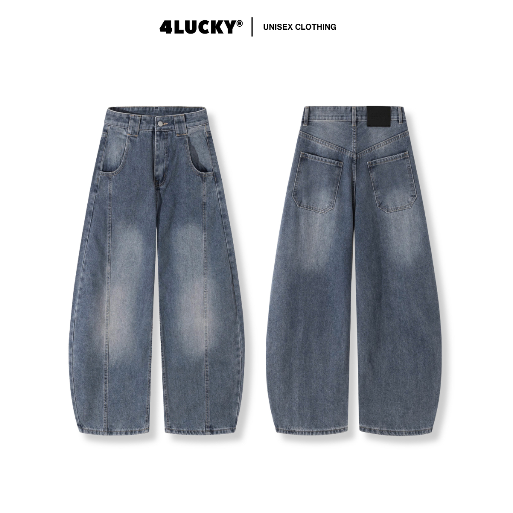 Quần Jean Ống Vòm Phối Rã Đối Xứng Unisex 4Lucky 6225, Quần Ống Rộng Thời Trang Nam Nữ Streetwear