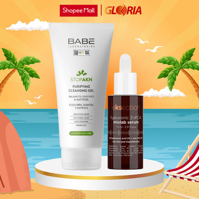 Bộ Đôi Sữa Rửa Mặt Babé Stop Akn Purifying Cleansing Gel 200ml Và Serum Kẽm Ekseption Hyaluronic ZnPCA 75ml