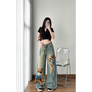 Quần jean dài - Quần jean thiết kế suông dài 95cm ống rộng in gấu 3d phong cách trẻ trung đáng iu thich hợp đi chơi