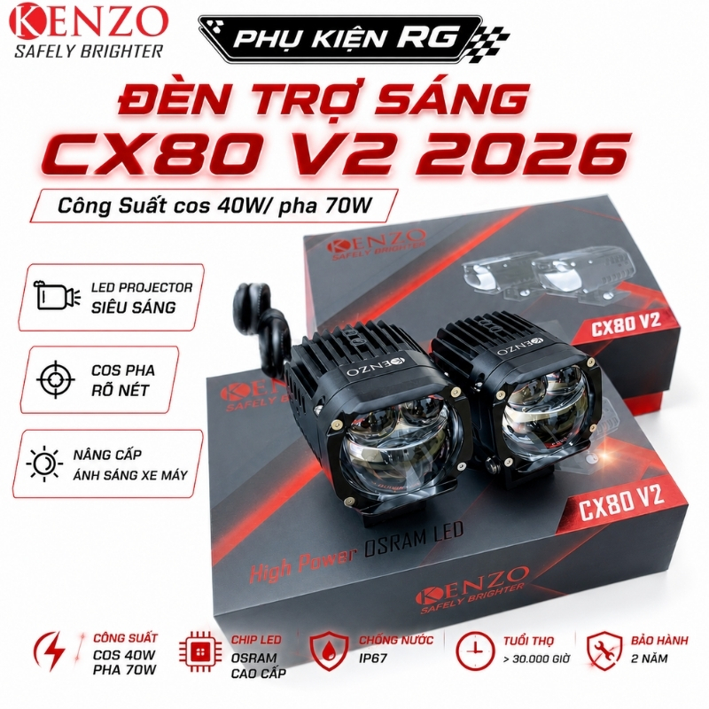 Kenzo CX80 2026, Đèn Trợ Sáng Bi Cầu Kenzo CX80 V5 Công Suất 40W/70W Siêu Sáng Phá Sương Mù Tản Nhiệ