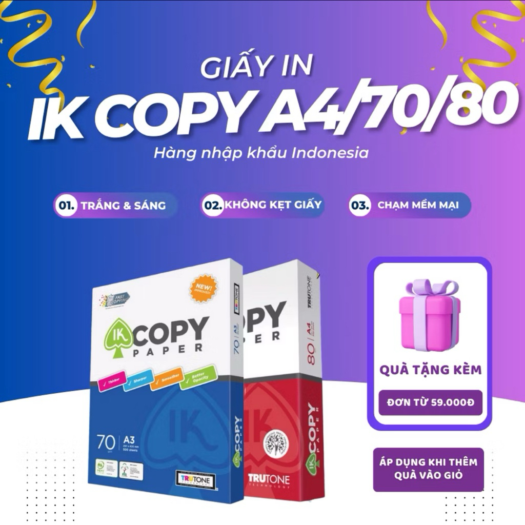 Giấy A4, giấy in A4 70/80gsm cao cấp Thiên Long IK Copy - Giấy in photo A4 500 tờ đều màu không gợn