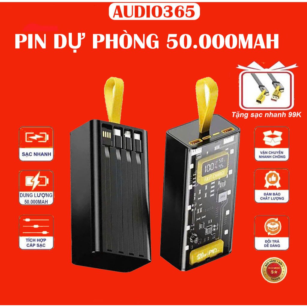 Sạc điện thoại 120W dung lượng 50.000mAh, sạc nhanh PD 22.5W, kèm 4 cáp sạc, có đèn led - AUDIO365