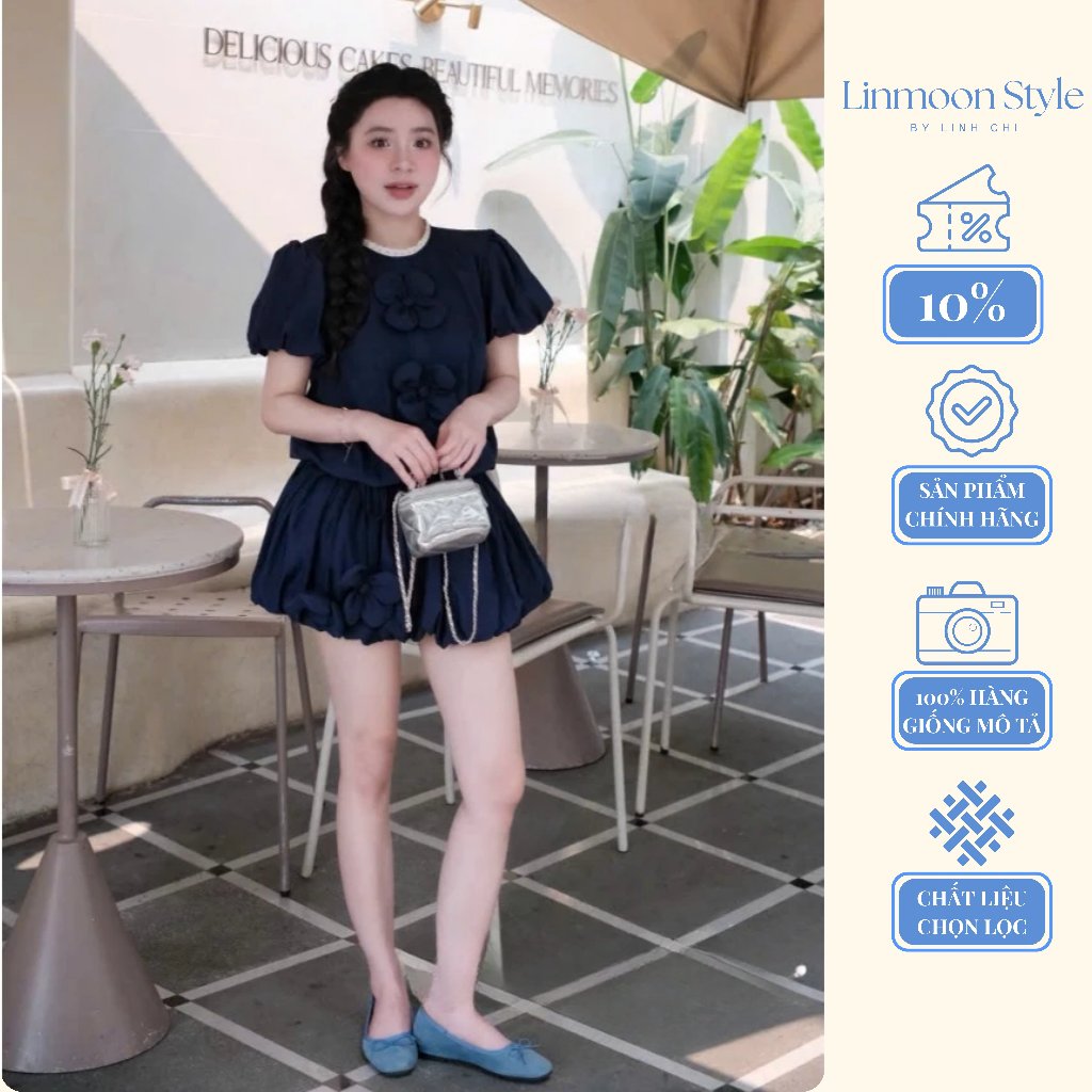 Váy ngắn nữ phối hoa nổi tay phồng phong cách tiểu thư Hàn Quốc dáng xòe trẻ trung đi chơi cafe