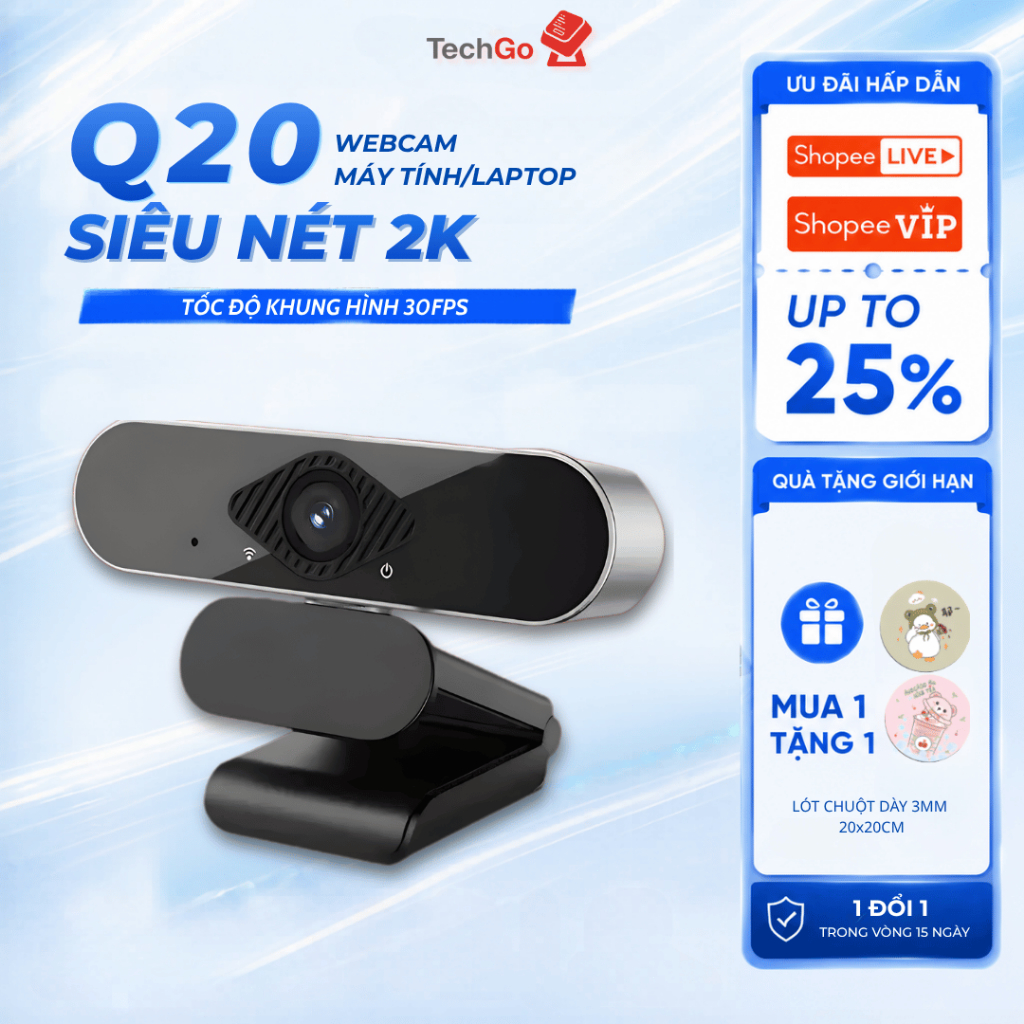 Webcam Máy Tính Q20 Siêu Nét 2K, Webcam PC Tích Hợp Hỗ Trợ Học Online, Livestream